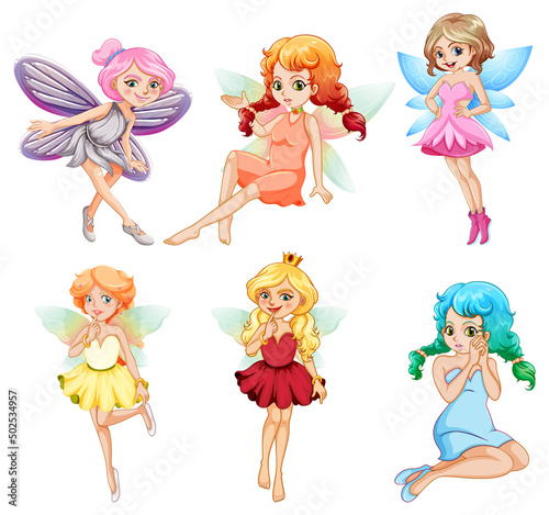 Set of different beautiful fairy girl cartoon character