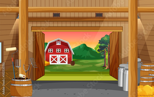 Barn indoor scene with farm animals