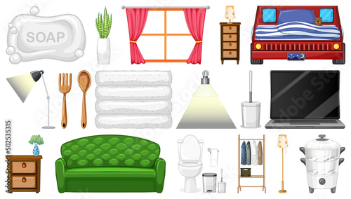Furniture and household appliances on white background