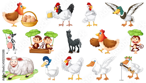 Farm animals on white background