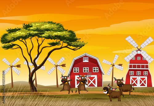 Farm scene with happy cows