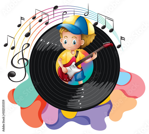 A boy playing guitar and music melody symbols