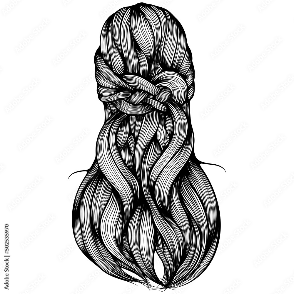 Hairstyle knot back view. Hairstyle for long and medium hair. Vector  illustrations in hand drawn sketch