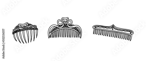 A set of various combs for hair. Antique women's accessory in vintage style. An object of femininity and hair ornament. Vector illustration hand drawn black on a white background.