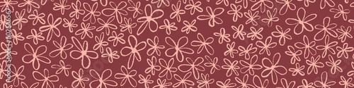 Seamless horizontal border with hand drawn flowers. Floral pattern. Vector illustration.