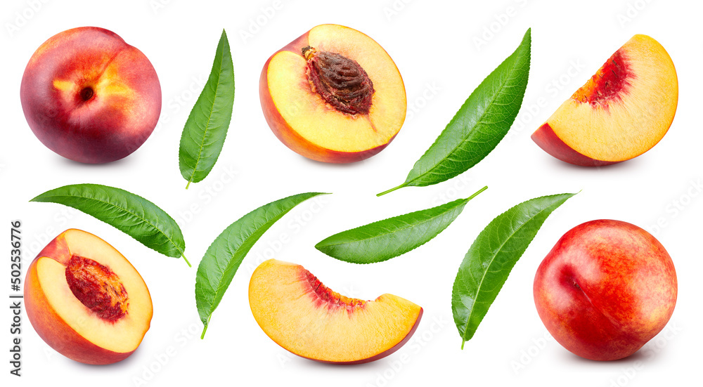 Peach set clipping path. Collection peach isolated on white. Peach with leaves Peach set clipping path. Collection peach isolated on white. Peach with leaves