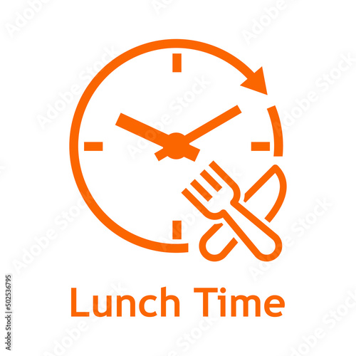 Logotipo con texto Lunch Time con esfera de reloj simple con flecha girando con silueta de tenedor y cuchillo en aspa con lineas en color anaranjado