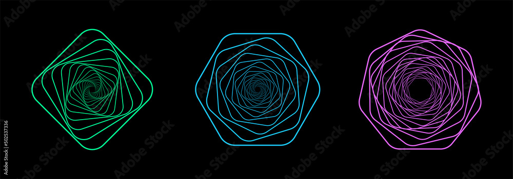 Set of twisted colored spirals. Sacred geometry. Tunnel with lines in the form of a heptagon, square and hexagons. Vector geometric fractal element. - obrazy, fototapety, plakaty 