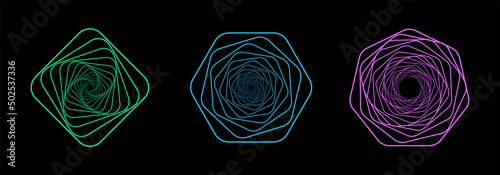 Set of twisted colored spirals. Sacred geometry. Tunnel with lines in the form of a heptagon, square and hexagons. Vector geometric fractal element.