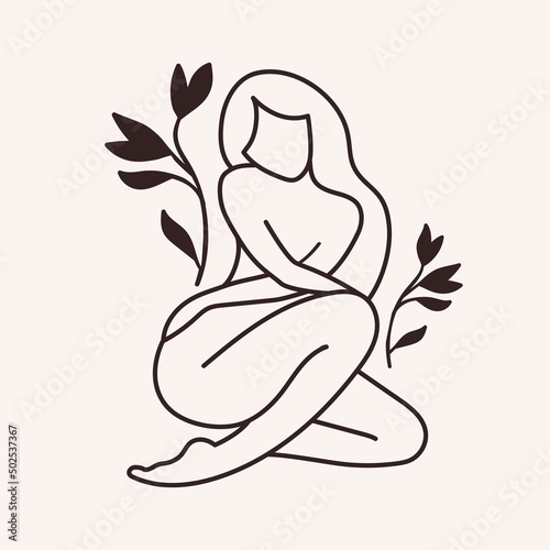 Logos in minimalistic linear style with beautiful esoteric female silhouette. For hairdressers, beauty salons, organic cosmetics, spas, prints, jewelry store.
