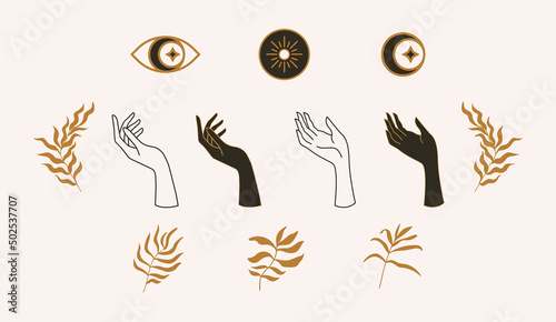 A set of templates for logos in a minimal linear style. Mystical set of sun, leaves, hands, eye, moon and star.