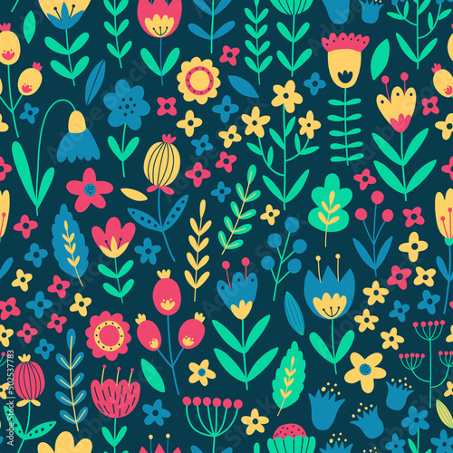 Wallpaper Mural Vector floral pattern in doodle style with decorative flowers on dark blue background. Bright flowers and  leaves seamless pattern. For textiles, clothing, bed linen, office supplies. Torontodigital.ca