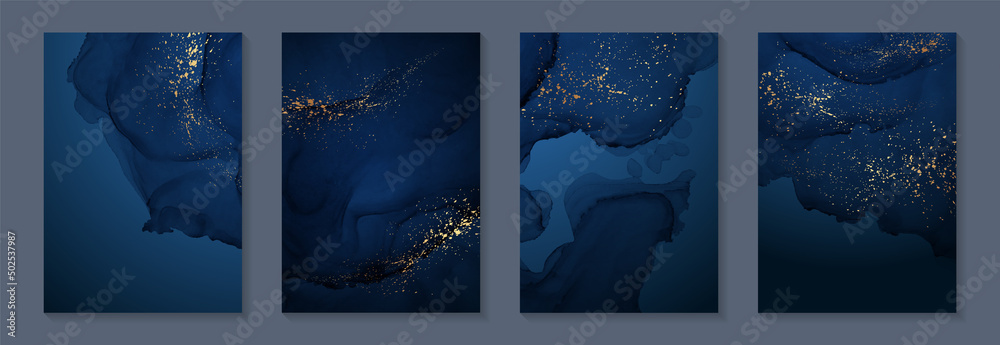 Modern watercolor background or elegant card design for birthday invite or wedding or menu with abstract navy blue ink waves and golden splashes.