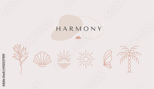 Modern minimal summer linear icon logo template and emblem for social media, vacation rental and travel services.