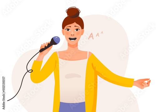 A young girl sings into a microphone. Cartoon illustration of a singing girl.