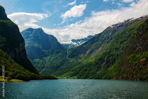 Amazing beautiful view of the Nærøyfjord in Norway Scandinavia with snow mountains and colorful fjord