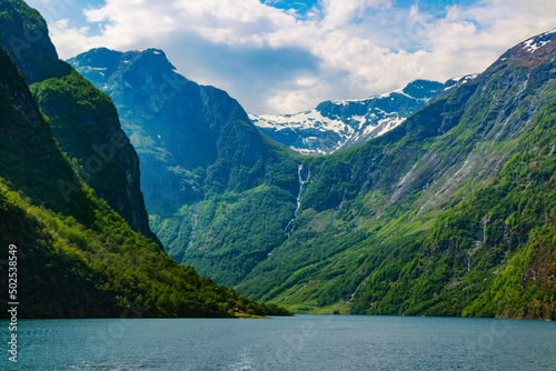 Amazing beautiful view of the Nærøyfjord in Norway Scandinavia with snow mountains and colorful fjord © smaliariryna