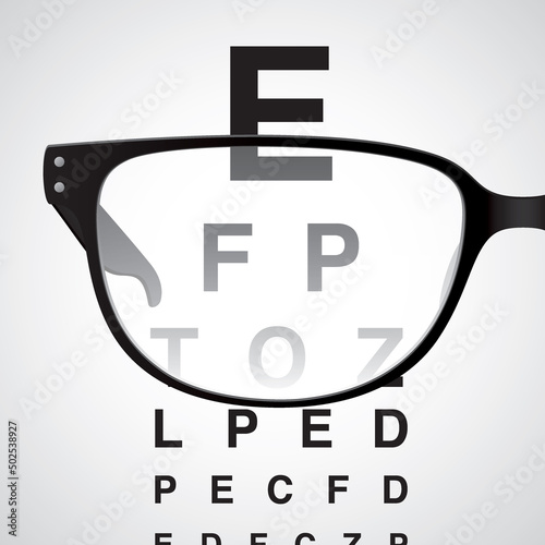 Looking through black glasses at an eye test chart, realistic vector illustration.