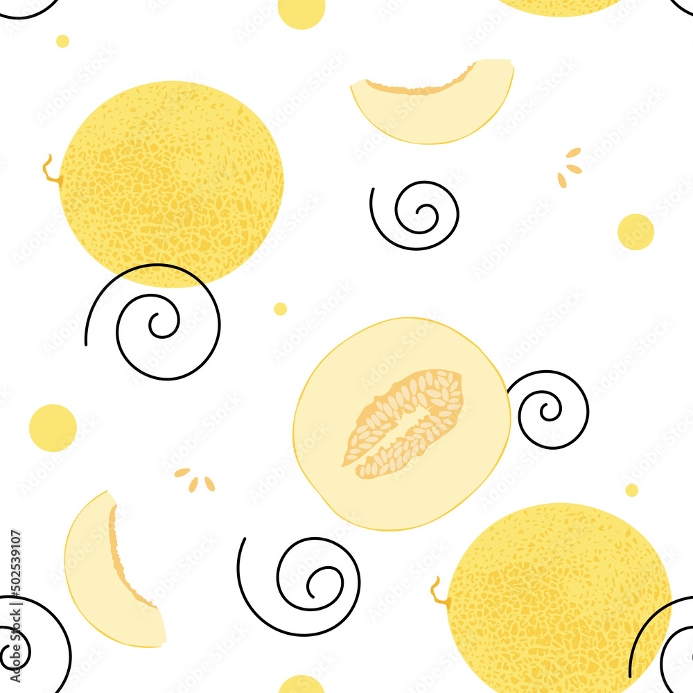 Melon seamless vector pattern. Hand drawn fresh fruit. Colorful doodle wallpaper. Yellow and white print