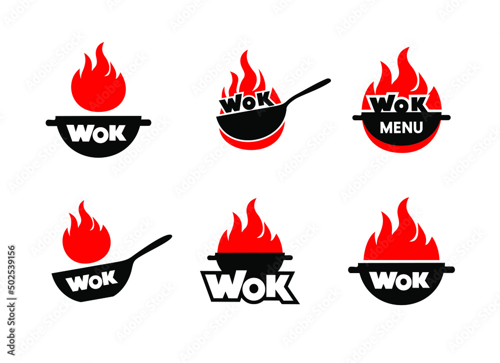 Set of wok logos.Wok Asian cuisine logo for Thai, Korean, Japanese or Chinese restaurant. Vector illustration. - obrazy, fototapety, plakaty 