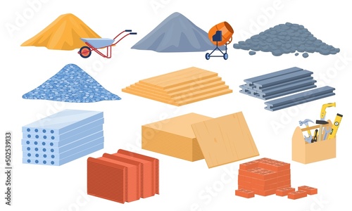 Construction materials set. Piles of sand, cement, stones and gravel. Bricks and blocks, foundations and monolithic slabs, wooden boards. Cartoon flat vector collection isolated on white background