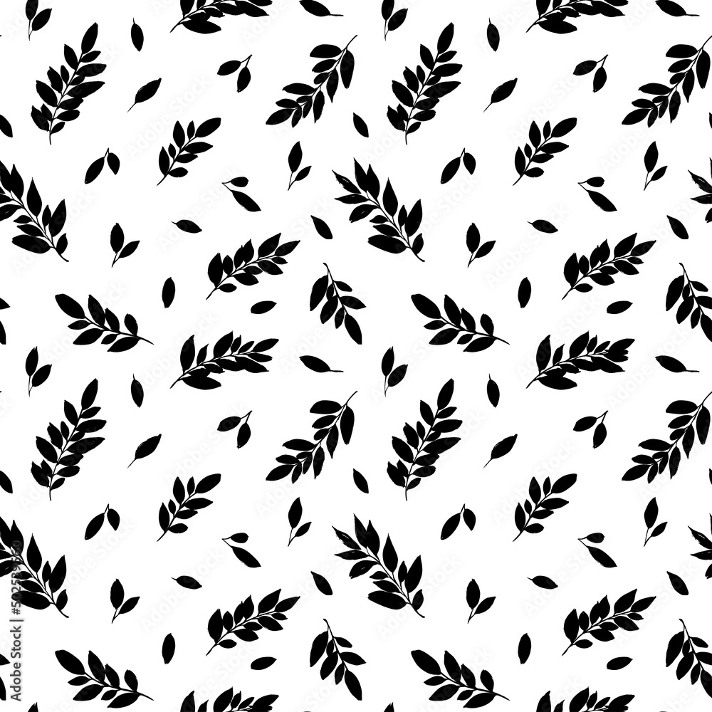Seamless vector floral pattern with black leaves. Hand drawn plant black ink silhouettes. Abstract botanical background with decorative leaves for fabric, wrapping and textile. Vector illustration Seamless vector floral pattern with black leaves. Hand drawn plant black ink silhouettes. Abstract botanical background with decorative leaves for fabric, wrapping and textile. Vector illustration
