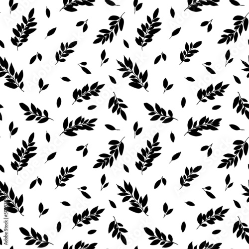 Seamless vector floral pattern with black leaves. Hand drawn plant black ink silhouettes. Abstract botanical background with decorative leaves for fabric, wrapping and textile. Vector illustration