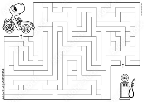 Vector black line printable maze. Format A4. Coloring book educational maze with little dinosaur on car looking for a gas station. Landscape size.