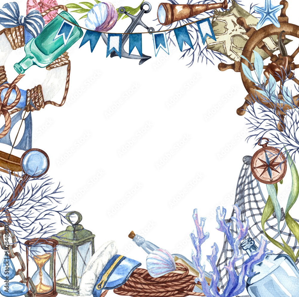 Watercolor nautical, marine frame with lighthouse, lifebuoy, anchor