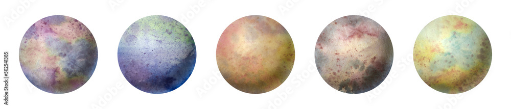 Set of five watercolor planets. Abstract background in a circle, isolate on a white background. Astronomical objects drawn on paper. Multicolored balls. Set of five watercolor planets. Abstract background in a circle, isolate on a white background. Astronomical objects drawn on paper. Multicolored balls.