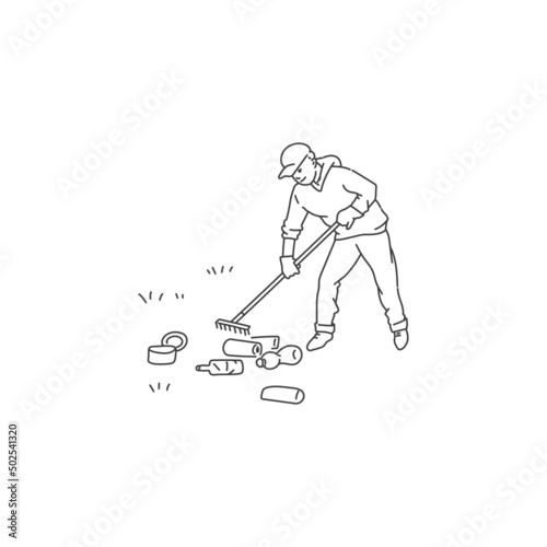 man clean environment from trash and waste. Vector black white doodle line illustration of solving environmental problems.