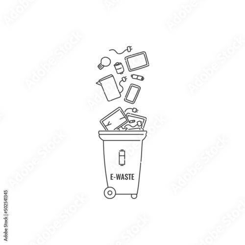 Container dumpster with e-waste electronic garbage sorting and recycling. Vector black white contour doodle isolated illustration.