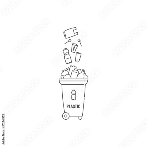 Container dumpster with plastic garbage sorting and recycling. Vector black white contour doodle isolated illustration.