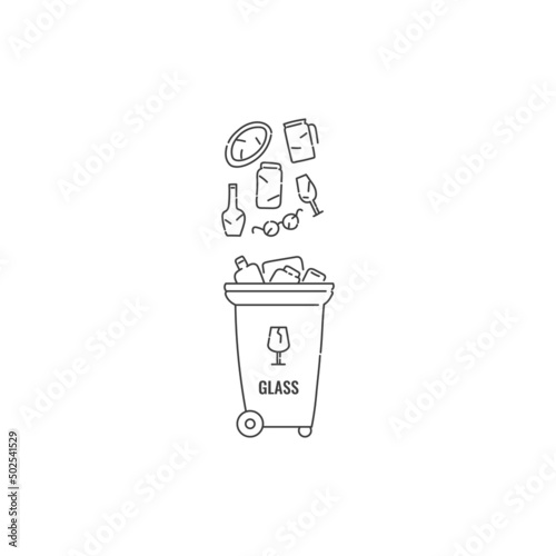 Container dumpster with glass garbage sorting and recycling. Vector black white contour doodle isolated illustration.