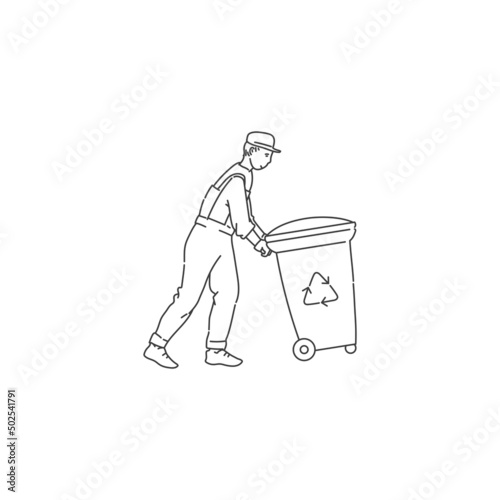 dustman worker with container for recycling waste. Cleaning environment from trash. Vector black white doodle line illustration. photo