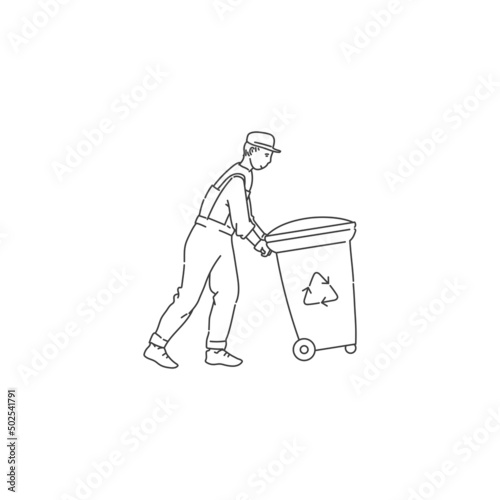 dustman worker with container for recycling waste. Cleaning environment from trash. Vector black white doodle line illustration.