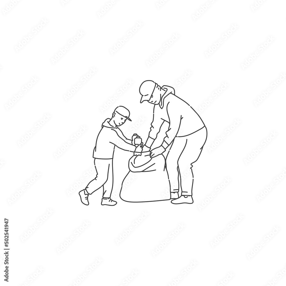 woman and child put garbage in bag clean environment from trash and waste. Vector black white doodle line illustration of solving environmental problems. woman and child put garbage in bag clean environment from trash and waste. Vector black white doodle line illustration of solving environmental problems.