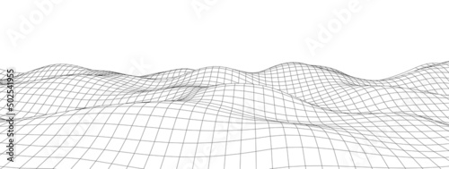 Digital wavy wireframe landscape. Futuristic linear undulating terrain. Digital cyberspace in mountains with valleys. Vector illustration.