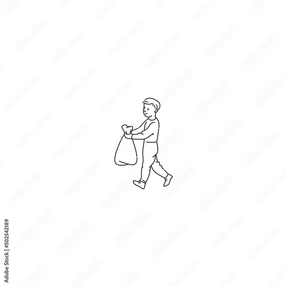 boy sorting waste in bags. Vector black white doodle line illustration of solving environmental problems. boy sorting waste in bags. Vector black white doodle line illustration of solving environmental problems.