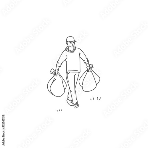 volunteer man clean environment from waste in bags. Vector doodle black white line illustration of solving environmental problems.