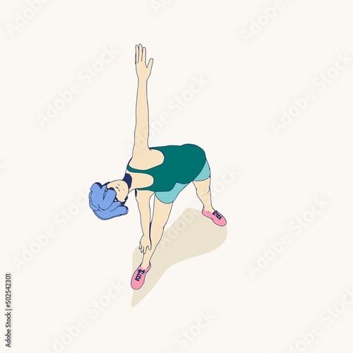 Young female workout. Sport girl doing stretching exercise. Casual sportwear - t-shirt, breeches and sneakers. Young woman wearing workout clothes. Sport fashion girl outline in urban casual style.