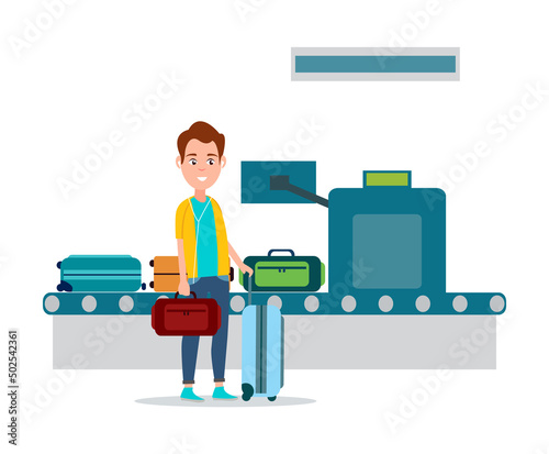 Luggage control in airport, man holding baggage close to conveyor with bags being examined by x-ray scanner, check isolated on vector illustration