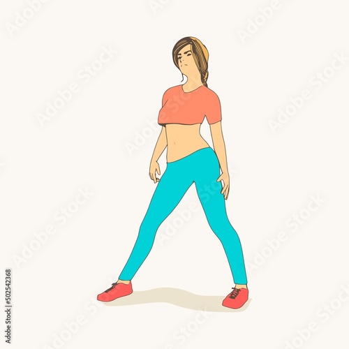 Standing woman. Sport girl illustration. Casual sportwear - t-shirt, breeches and sneakers. Young woman wearing workout clothes. Sport fashion girl outline in urban casual style.