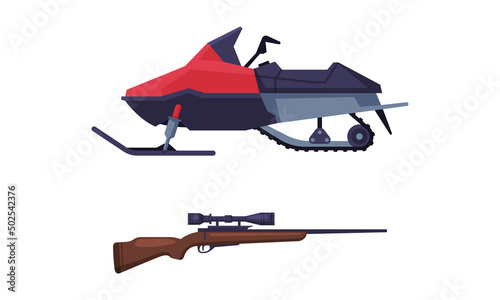 Snowmachine and Long Rifle as Hunting Accessory Vector Set