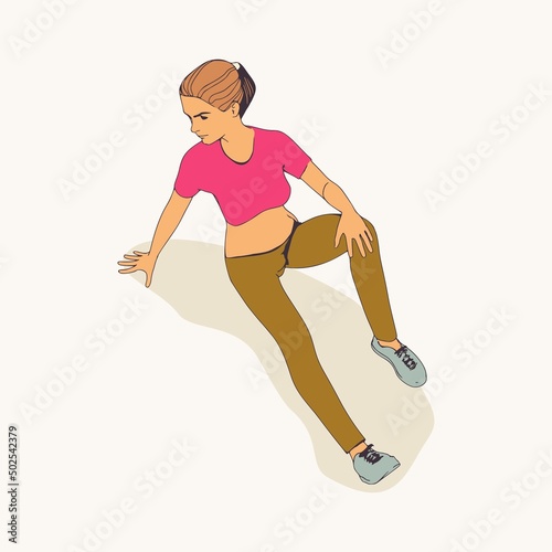 Sitting woman. Sport girl illustration. Casual sportwear - t-shirt, breeches and sneakers. Young woman wearing workout clothes. Sport fashion girl outline in urban casual style. Top view
