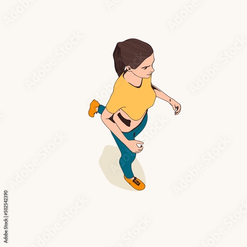 Running woman. Sport girl illustration. Casual sportwear - t-shirt, breeches and sneakers. Young woman wearing workout clothes. Sport fashion girl outline in urban casual style. Top view