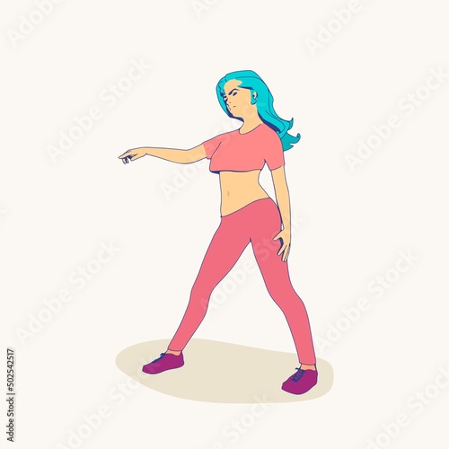 Standing woman. Sport girl illustration. Casual sportwear - t-shirt, breeches and sneakers. Young woman wearing workout clothes. Sport fashion girl outline in urban casual style.