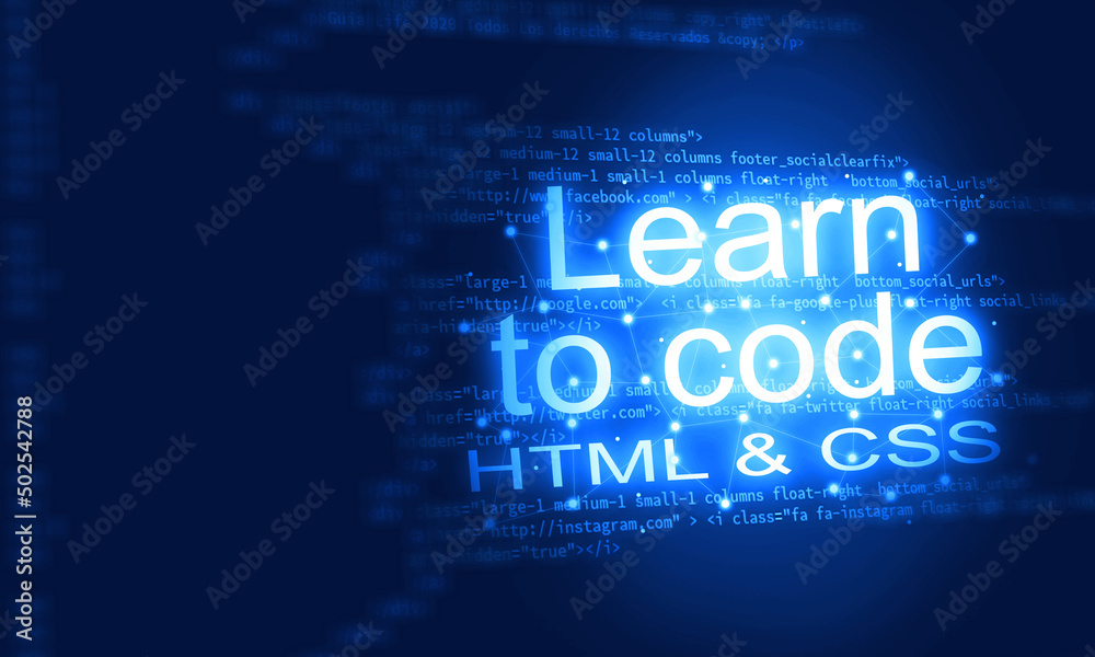 Learn to cade HTML and CSs Computer Programming Blue background with Bright light. futuristic Coding Abstract. Digital Codes Leaning and education Concept  