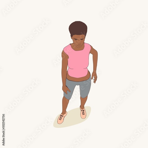 Standing afro american woman. Sport girl illustration. Casual sportwear - t-shirt, breeches and sneakers. Young woman wearing workout clothes. Sport fashion girl outline in urban casual style.