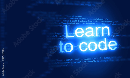 Learn to cade Computer Programming Blue background with glowing light and copy space. futuristic Coding Abstract. Digital Codes Leaning and education Concept 